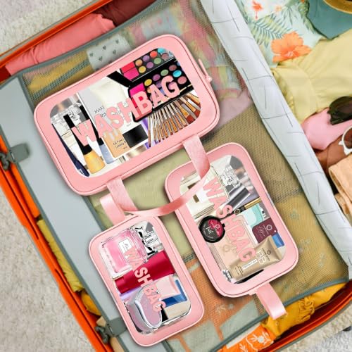 Image of CATRON Makeup PVC Water-Resistant Cosmetic Bag Set 3 Wash Bag Pouch for Multifunctional Travel Kit Toiletry Bag Portable Organizer Case Carry Pouch for Women Bathroom Set (Pink)
