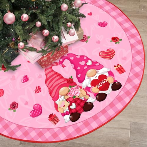Capoda 48 Inch Gnome Couple Christmas Tree Skirt Valentine's Day Love Heart Large Tree Skirt Pink Buffalo Plaid Mat for Christmas Holiday Party Rustic Home Decoration Farmhouse Decor