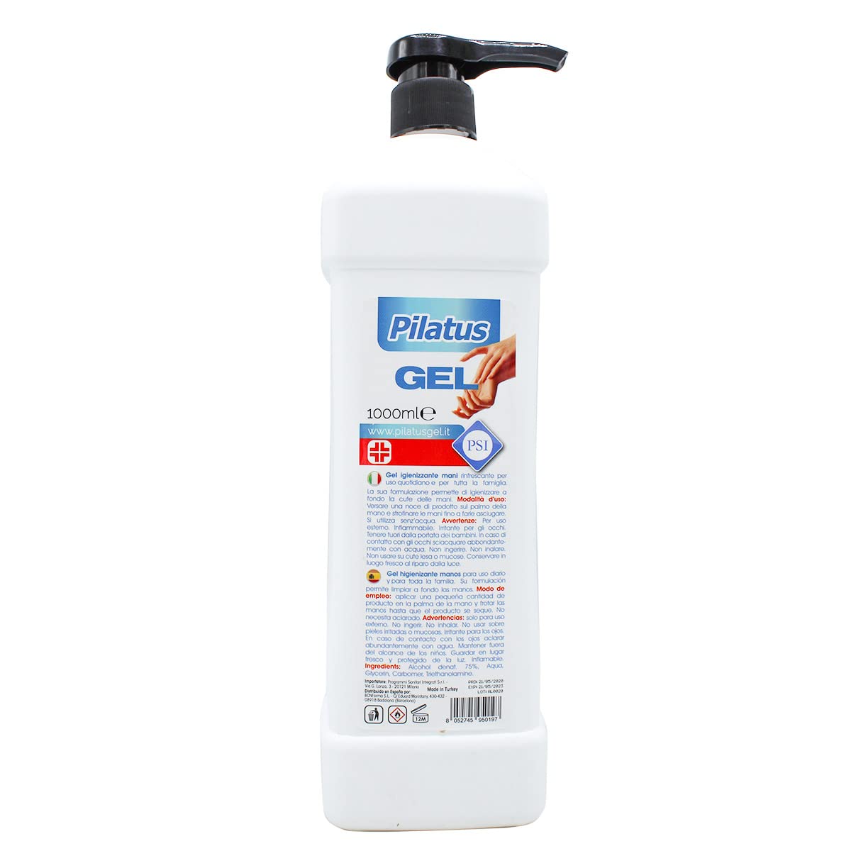 6x Gel Igienizzante Mani Pilatus 1 L 75% Alcol disinfettante