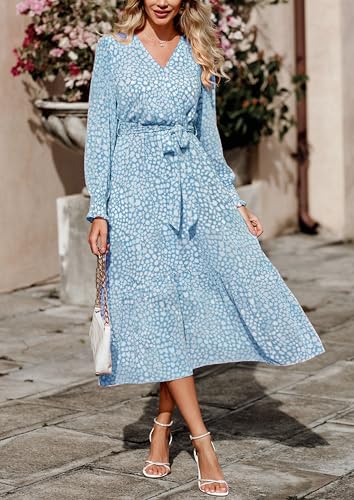 Image of PRETTYGARDEN Women's Floral Boho Dress Fall Long Sleeve Wrap V Neck Ruffle Flowy Maxi Spring Wedding Guest Vacation Dresses