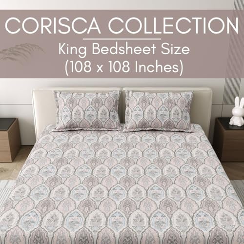Image of Mafatlal 186 Tc Corsica King Size Cotton Bedsheet | 274 X 274 Cm | Summer Sweat-Absorbing Mancham Chadar for Breathable Sleeping Comfort | Includes 2 Pillow Covers | Feather Grey