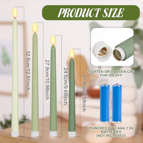 Image of Rossesay 24 Pcs Flameless LED Taper Candles Battery Operated Candle 8.5 inch, 9.65 inch, 10.8 inch, 12.8 inch Flameless Candlesticks Flickering for Christmas Church Wedding Indoor Decoration(Classic, Green Series)