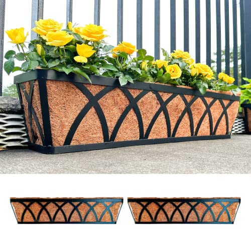 Maxona Window Planter Box - 2 Pack, 24 Inch Outdoor Wall Mounted and Deck Railing Planter with Coco Liner, Window Flower Basket, Balcony Hanging Rail Garden Patio Porch Fence