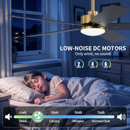 Image of 52 Inch Ceiling Fans with Lights and Remote for Bedroom Living Room Kitchen Home Office Indoor /Outdoor, 18W 3CCT Dimmable, Dual Color 5 Blades 6 Speed Reversible Quiet DC Motor, Gold /Wood Grain