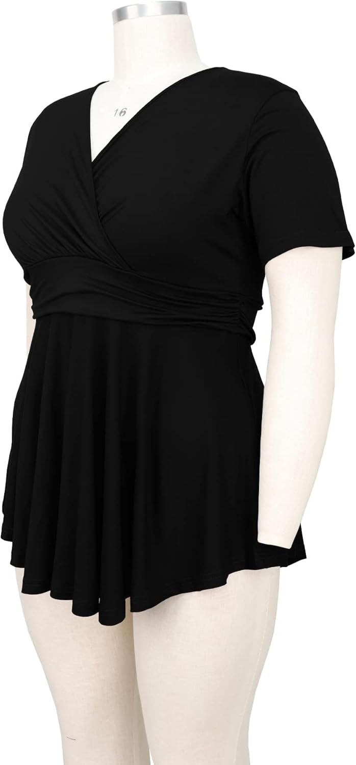 Plus Size Tops for Women Summer Short Sleeve V Neck Casual Shirts Dressy Pleated Wrap Tunic Top Blouses - Image 4