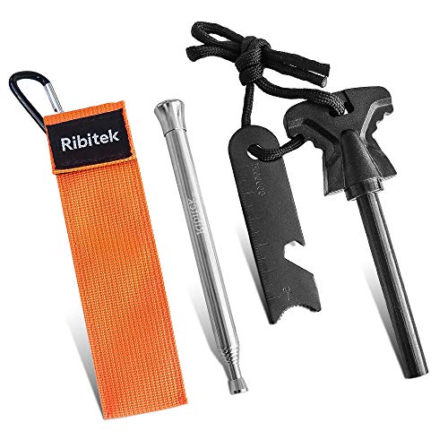 Ribitek 火吹き棒+火打ち石 ファイヤースターター 火吹き コンパクトなひふき棒 伸縮式 耐久性 大きいサイズのマグネシウム棒 メタルマッチ 着火具 キャンプ用品 安全対策