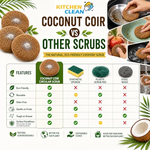 Image of Kitchen Clean Soft Circular Coconut Coir Scrub for Multipurpose Use | Chemical-Free Nariyal Juna | Eco-Friendly Natural Kitchen Scrubber (Pack of 6)