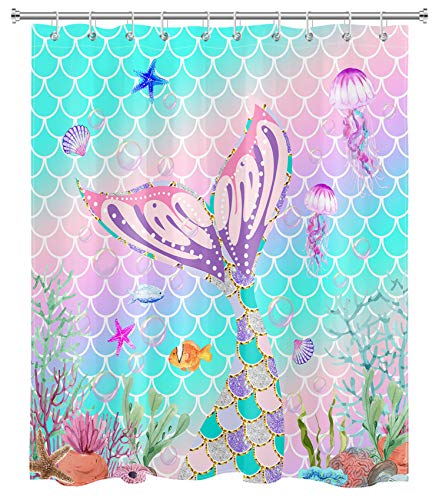 Hvest mermaid tail shower curtain mermaid scale summer beach cora…