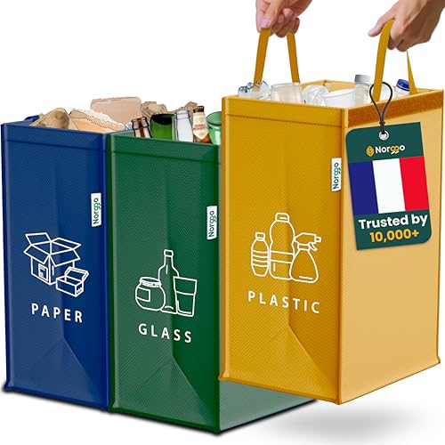 Norggo Poubelle tri selectif 3 bacs 40L - Sac tri selectif pour le plastique, le papier et le verre - Flexible poubelle de tri avec poignée - Bac de tri pour...