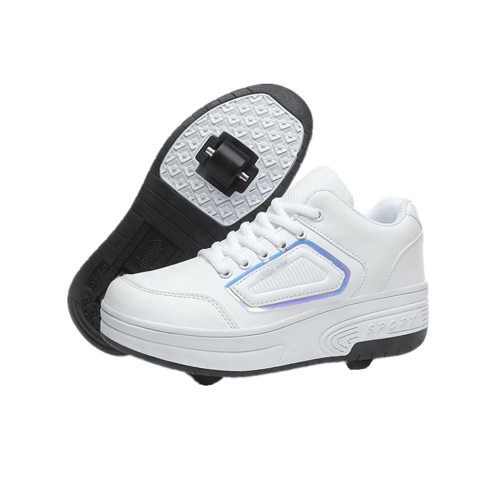 ENEN Kids Roller Skate Shoes for Boys Girls, Skateboarding Shoe Outdoor Parkour Shoes with 2-Wheels Unisex Retractable Skating Shoes for Children's Park Sports Walking White