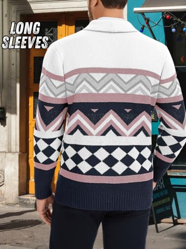 Mens Cardigan Sweater, Shawl Collar Long Sleeve Button Down Color Block Graphic Print, Fall Winter Casual Outfits3