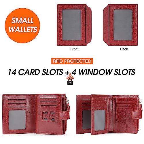 Wallets for Women Leather RFID Blocking Small Bifold Zipper Pocket Wallet Card Case Purse with ID Window… (Red)2