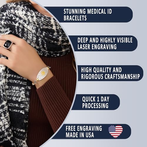 Divoti Custom Engraved Medical Alert Bracelets for Women | 4-Line Personalized Emergency ID | Mesh/Square Rolo Chain with Grand Filigree Tag3