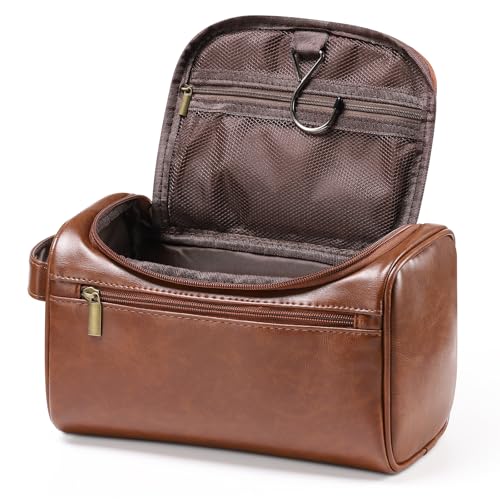 Leather Toiletry Bag Etercycle Hanging Wash Bag PU Travel Toiletry Bag Waterproof Bathroom Bag for Men and Women Travel Makeup Organizer (Brown)
