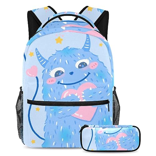 Sac à dos monstre bleu avec trousse assortie pour écoliers CP au collège