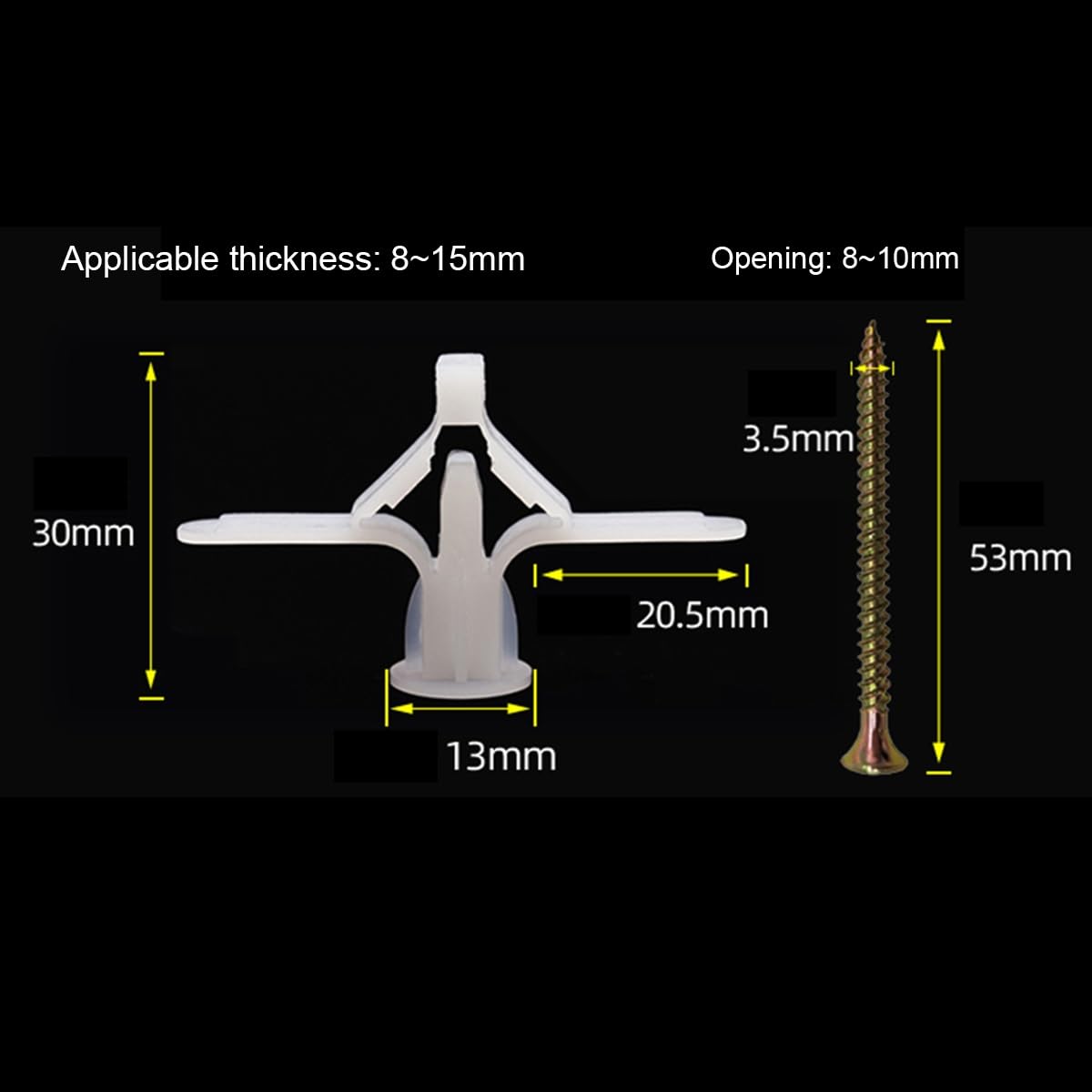 Wall Anchor, Plastic Toggle Anchor with Screw, Gypsum Board Hollow Wall Pipe Plug Aircraft Expansion Anchor Bolt Accessories(200pcs)