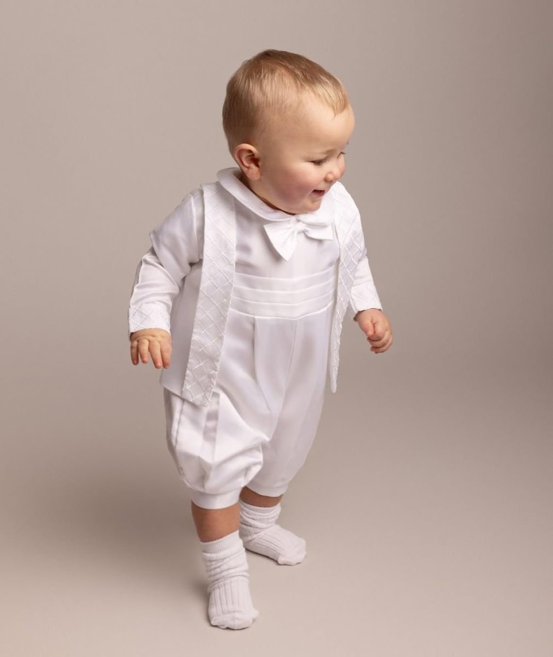 Baby Boys White Christening Set with Quilted Vest and Bonnet - Elegant Baptism Outfit for Infants