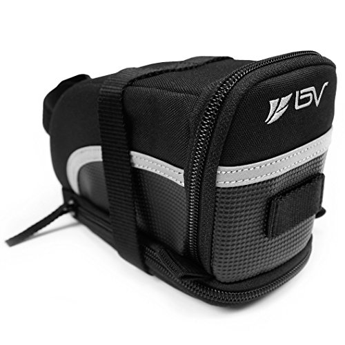 Image of BV Strap-On Bike Bag with Reflective Material - Saddle Bag with Seperate Divider for Small Items for All Your Essentials - Bike Pouch with Taillight Hanger for Maximum Safety (Saddle Bag, Large)
