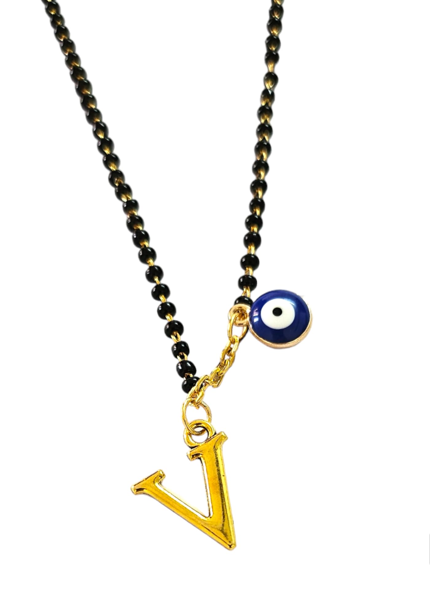 V Letter Alphabet Short Mangalsutra Designs With Blue Evil Eye Charm Pendant Gold Name Mangalsutra Design/Naam Wale Mangalsutra Design (18 inch) (V) (B0CWRXZVWB) Amazon Price History, Amazon Price Tracker