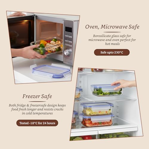 Image of Amazon Brand - Solimo Rectangular Glass Food Storage Container, 800 ml - Set of 3, Airtight, Microwave & Freezer Safe, Transparent