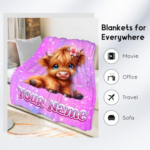 Personalized Blanket Highland Cow Gifts for Kids Girls - Soft Lightweight Flannel Throws for Couch, Sofa 4 Sizes