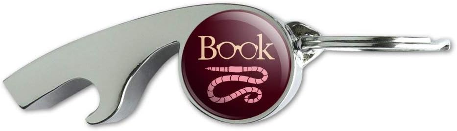 Book Worm with Earthworm Glasses Chrome Plated Metal Whistle Bottle Opener Keychain Key Ring