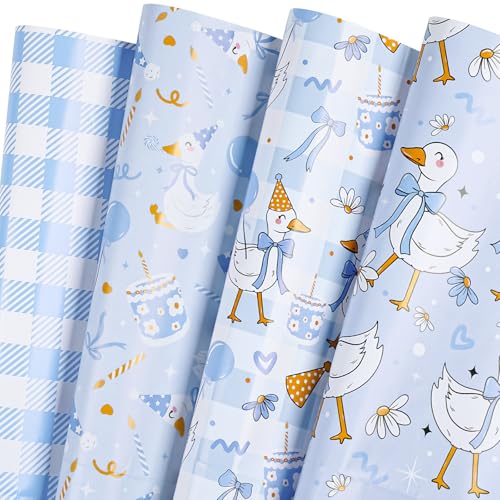 WRAPAHOLIC Silly Gooses Birthday Wrapping Paper Sheet - 8 Sheets Blue Party Goose Wrapping Paper Folded Flat for Boys Birthday, Baby Shower - 19.7 Inch x 27.5 Inch Per Sheet