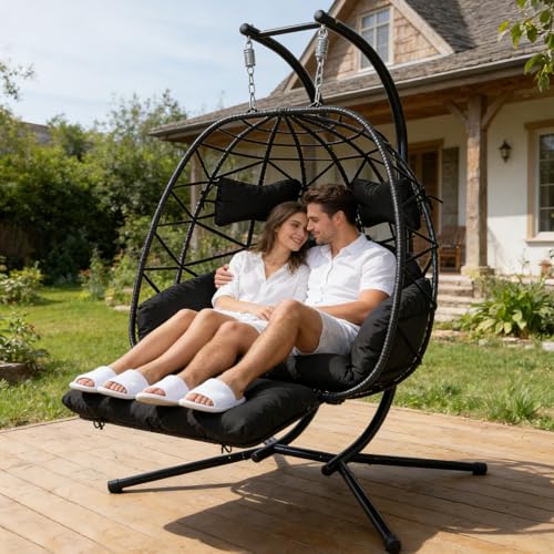 FKSLIFE Double Egg Chair Outdoor with Stand,Hanging Loveseat Hammock Swing Chair Patio Rattan Egg Chair with Leg Rests &Thickened Cushion,600LBS Capacity for Bedroom Balcony Garden - Image 3
