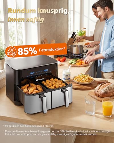 WELLENT 11L Airfryer 2 Kammern, 2600W Heißluftfritteuse XXL(4+7L),10-in-1 Heissluftfritteuse Doppelkammer Air fryer Dual Zone mit Touchscreen, Match & Sync-funktion, spülmaschinenfest 6