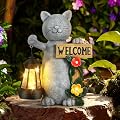 Json Garden Statue Solar Cat Figurine with Lantern, Solar Garden Decorations Statues for Patio, Balcony, Yard Ornament, Unique House Warming Gifts Figurine Lights, Gifts for Women, Mom