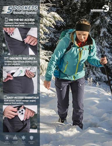 Image of Moosehill Women's Hiking Pants Winter: 5 Zipper Pockets Water Resistant | Fleece Lined 4-Way-Stretch Insulated Softshell with Elastic Waistband for Outdoor Ski and Snowboard