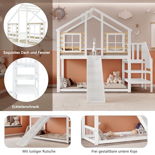Aoskem Kinderbett Etagenbett 90x200, Hochbett Hausbett Holzbett mit Treppe & Rutsche, Bettgestell mit Rausfallschutz und Gitter, Bett mit 1x Lattenrost, Bettrahmen aus Massivholz, Ohne Matratze, Weiß