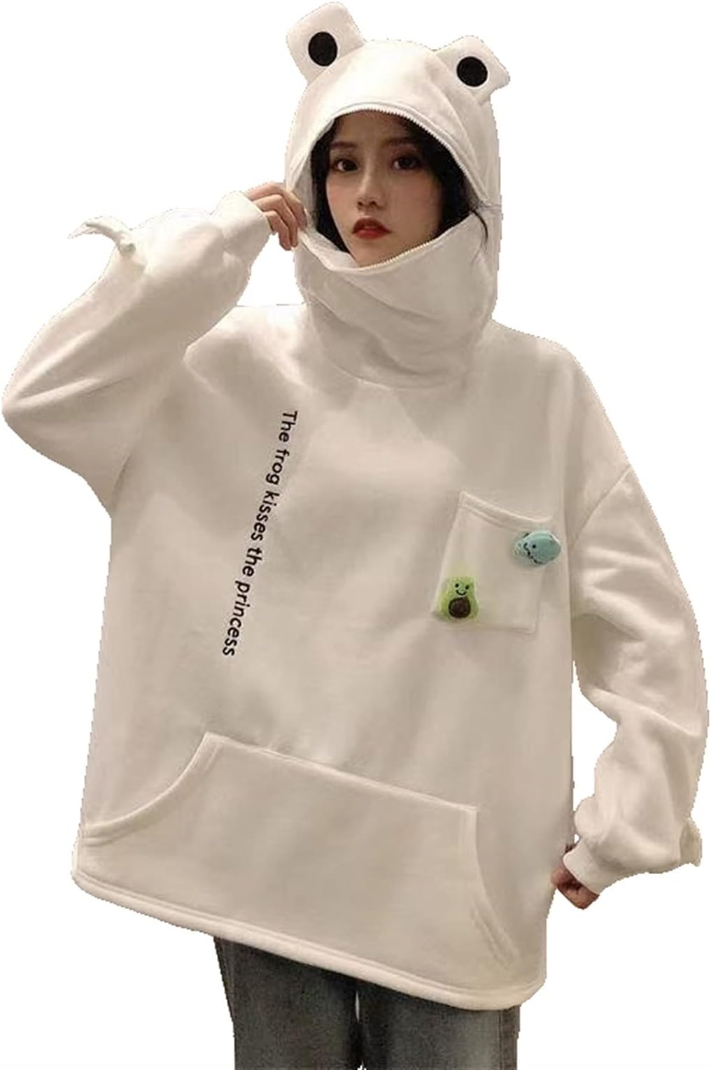 Zzple Kawaii Hoodie Women Hoodies Sweatshirts Frog Pullover Sweater Loose Version Autumn and Winter Unisex Wear Ropa Mujer (Color : White, Size : Medium)