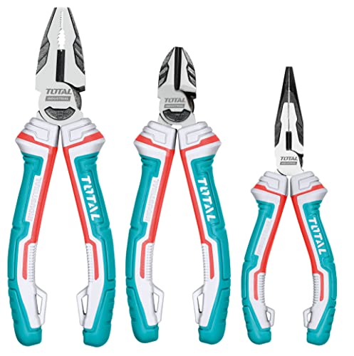 Total Tools - Juego de 3 Alicates Reforzados | 1x Universal de 180 mm | 1x Corte de 160 mm | 1x Plano de 160 mm | Protección Anti Caídas | Cromo Vanadio Cover