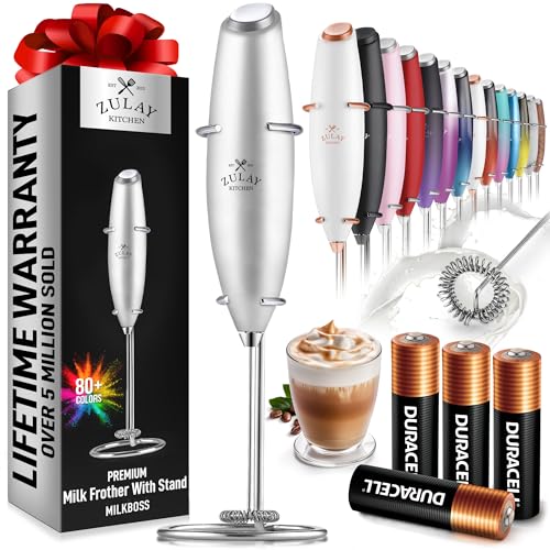 Zulay - Potente espumador de leche (4 pilas Duracell incluidas) - Espumador de leche de mano para café - Potente espumador de leche para capuchino, frappé, matcha y crema de café, color plateado