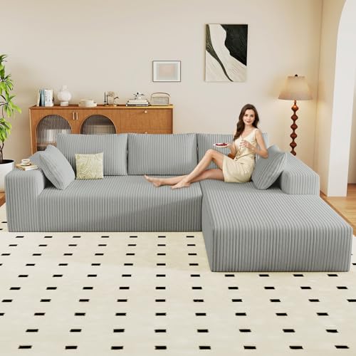Image of 96 inch Modular Sectional Couch, Boneless L Shaped Cloud Sofa with Chaise Lounge, Corduroy Upholstered Couches Memory Foam Deep Seat, No Assembly Required, Ideal for Living Room(Light Gray, Right Facing)
