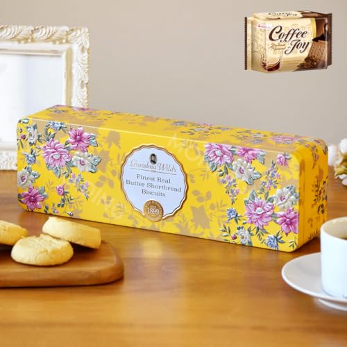グランマワイルズ Grandma Wild's フローラル缶 クッキー お菓子缶 花柄 フラワー かわいい お洒落 クッキー缶 缶 エンボス イギリス 海外 コーヒージョイ付き (イエロー)のサムネイル