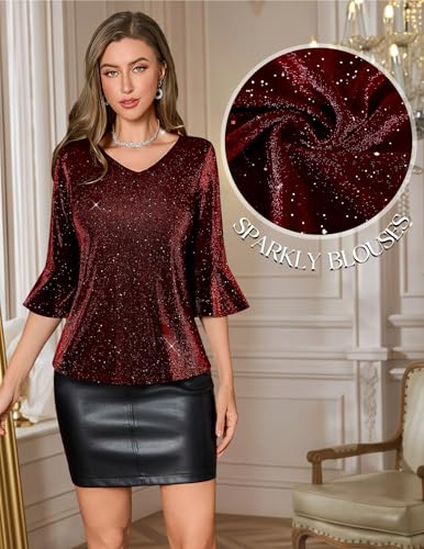 HomRain Sparkly Tops for Women Dressy Casual V Neck Sheer Glitter Blouses 3/4 Bell Sleeve Loose Fit Summer Top Burgundy S — view 5