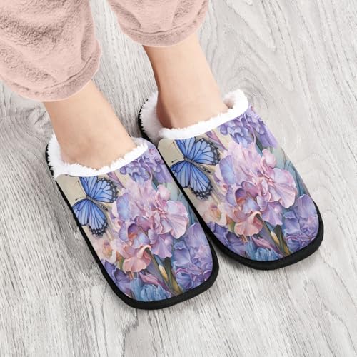 Butterfly Flowers Plush Slippers for Women Men Warm Comfortable Travel Spa Slipper Non-slip House Shoes4