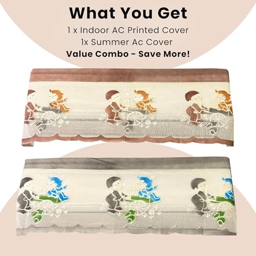 Image of Combo Cotton Net Split AC Cover Indoor Unit for 2 Ton Capacity AC, Premium Work Indoor AC Dust Protection Cover Designer Summer Ac Cover for 2 Ton Ac (38 X 15.35 X 7.8 inch, Brown & Grey)