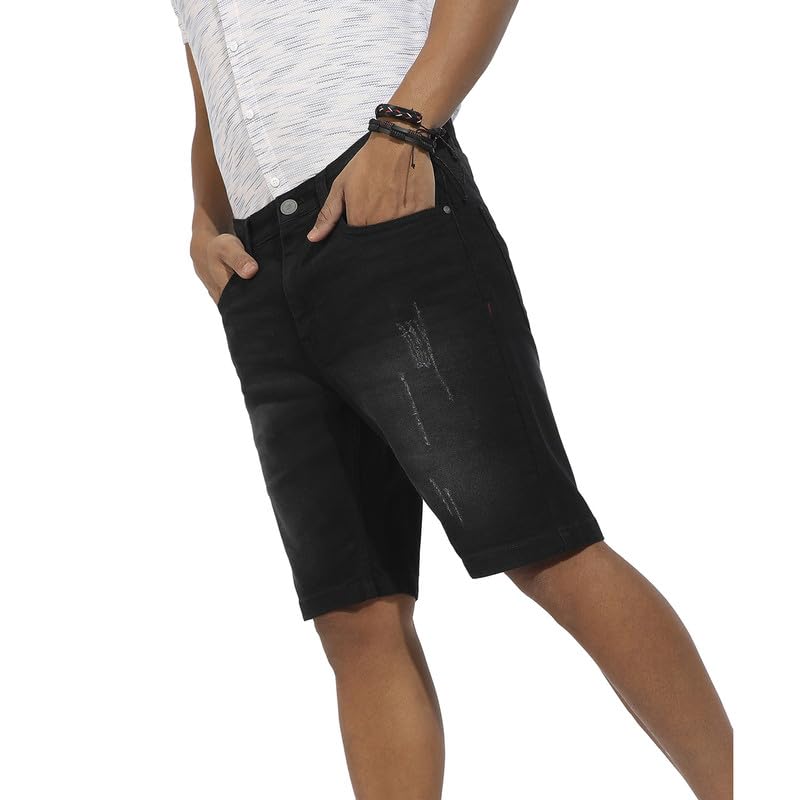 cahoot Campus Sutra Men's Black Distressed Denim Shorts for Casual Wear | Dark-Wash | Regular Fit | Button Closure | Denim Shorts Crafted with Comfort Fit for Everyday Wear-picture-21