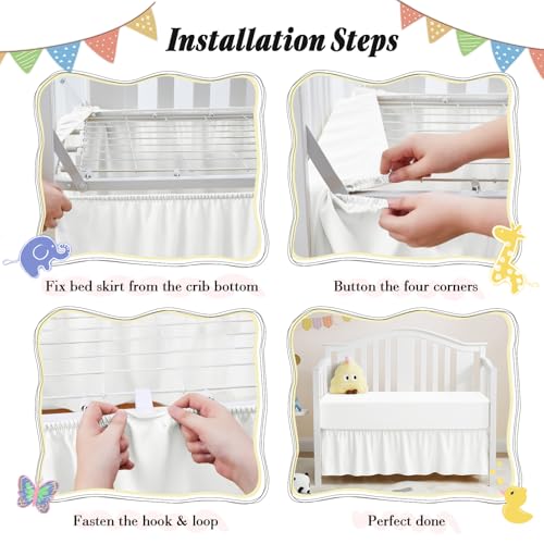 Image of Horbaunal 2 Pack Crib Skirt & Crib Bed Sheet Set, White Crib Bed Skirt 28 inch x 52 inch with 14 inch Drop Dust Ruffle, Soft Microfiber Toddler Bedskirt Nursery Bedding Skirt for Baby Girls and Boys