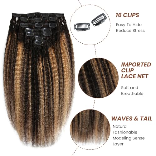 Kinky Straight Clip-in Hair Extensions - 100% Real Human Hair, 7Pcs, 100g Seamless, TP1B/27, 12 Inch for Black Women - Image 3