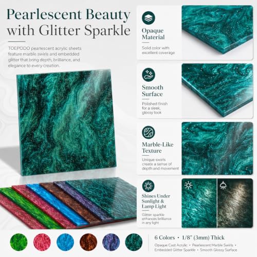 Image of TOEPODO Pearlescent Marble Acrylic Sheets 1 /8 inch Glitter Cast Opaque Plexiglass Sparkly Swirl Acrylic Panels for Laser Cutting Engraving DIY Crafts /Home Deco (6, Sets, 8x12 Inch)