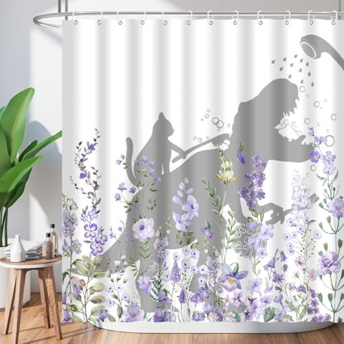 Image of Cat Dinosaur Shower Curtain Funny Cat Help Dino Bathe Behind Purple Wildflowers Blossom Trex Silhouette Shadow for Kids Bathroom Decor Waterproof Polyester Fabric 72Lx72W Inch with Hooks