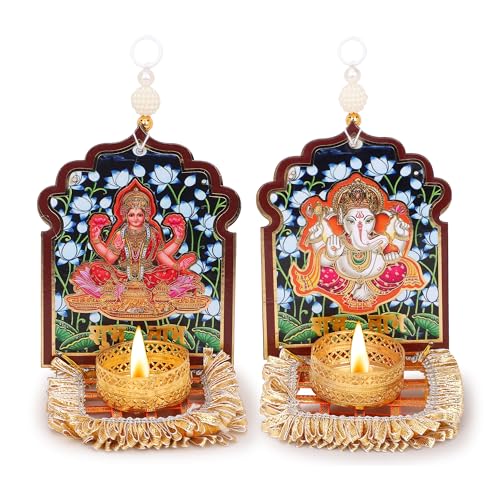 Image of Akaar Decor Lakshmi Ganesha Diya Hanging Set of 2 | Decorative Tea Light Candle Holder with Pearl Beads | Diwali Decoration, Pooja Room, Temple & Home Wall Decor