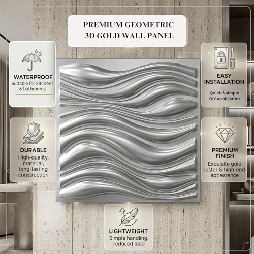 Image of Kayra Decor Luxury 3D PVC Wall Panels - Wave Pattern, Silver Finish | 19.7 inch x 19.7 inch | Pack of 18 | Covers 42.51 Sq. Ft. | Stylish Wall Cladding for Home & Office Interiors