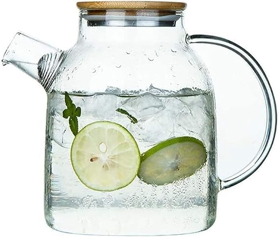 ROSEFINCH Glass Water Jug with Wooden lid, Glass Kettle, Large Handle with picher Set of 1, Transparent, Water for Hot/Cold Water, Bottle, Milk, Juice, Iced Tea, 1 Pcs Clear.