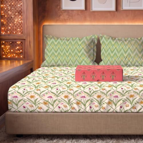 Image of Urban Space Festive Gifting Set - 100% Cotton Double Bedsheet with 2 Pillow Covers, Double Bedsheet Gift Set in Gift Box, 90 x 100 Inch, Spring Sage Green | Diwali, Festive & Housewarming Gift