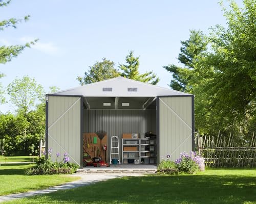 Image of Greesum 10x10FT Outdoor Storage Shed, Utility Tool Shed Metal Storage Shed with Door & Lock for Patio Storage, Garden, Lawn, Gray